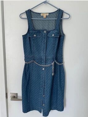 MICHAEL Michael Kors Denim Logo-Print Dress with Silver Chain